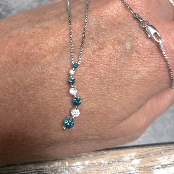 14K White Gold & 1CT Blue/White Diamond Necklace - Picture 1 of 3